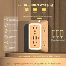Wall Adapter six 6 Outlet Extender Surge Protector Multi Plug USB Charger Port