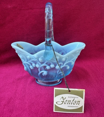 Vintage Fenton Blue Opalescent Lily of the Valley Art Glass Basket sticker & tag
