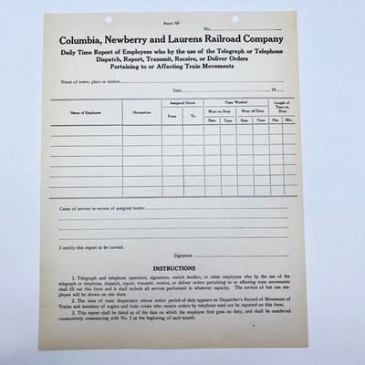 Early 1900s Columbia, Newberry & Laurens Railroad RR Co Employee Time Report AB5