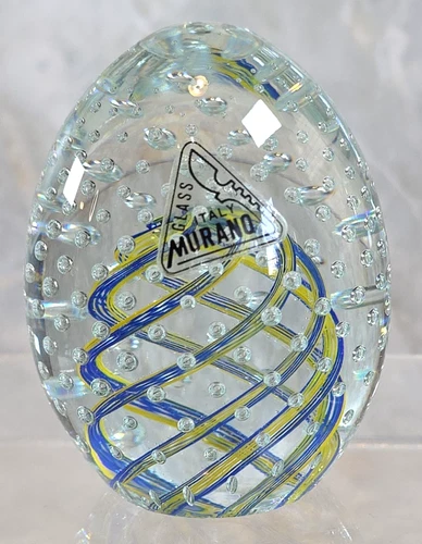 Vtg Murano Art Glass Egg Yellow & Blue Ribbon Swirl Bubbles Paperweight Italy 4"