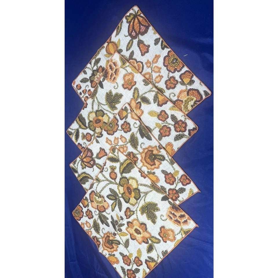 Vintage 60s Fabric Cloth Napkins Set 4 PC Folk Floral Brown Orange Table Decor - Image 3 of 4