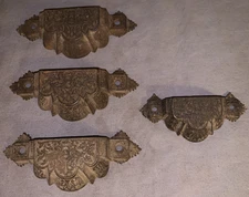 Great Set  3  Antique Cast Iron  Bin  Cabinet  Pulls  plus matching smaller pull