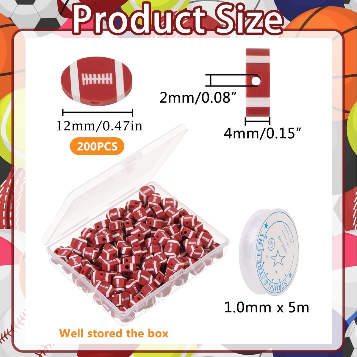 200 Pcs Football Beads for Jewelry Making, EVERMARKET Sports