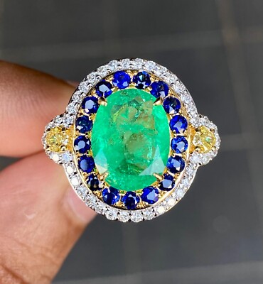 200% natürlicher Smaragd Ring. Kolumbianischer Smaragd 3,40 kt mit echtem gelben Diamanten