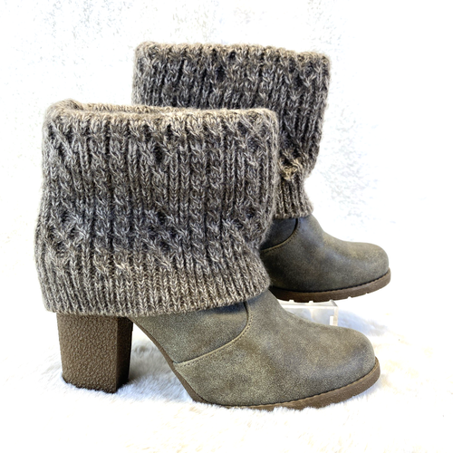 Mukluks Ankle Bootie Sweater Top Pull-On Chunky 4” Heel Size 7 Camo Green Brown