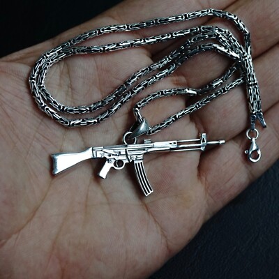 Silver Machine Gun AK 47 Pendant on Byzantine Kings Chain Necklace