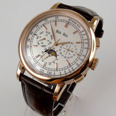 Corgeut 42mm Automatic Mens Watch Week Date Month Year Rose Gold Leather Strap