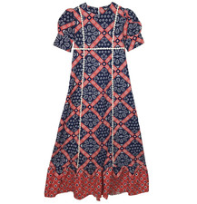 VTG 70s Boho Maxi Dress SMALL Red Blue Paisley Prarie Cottagecore Puffed Sleeve