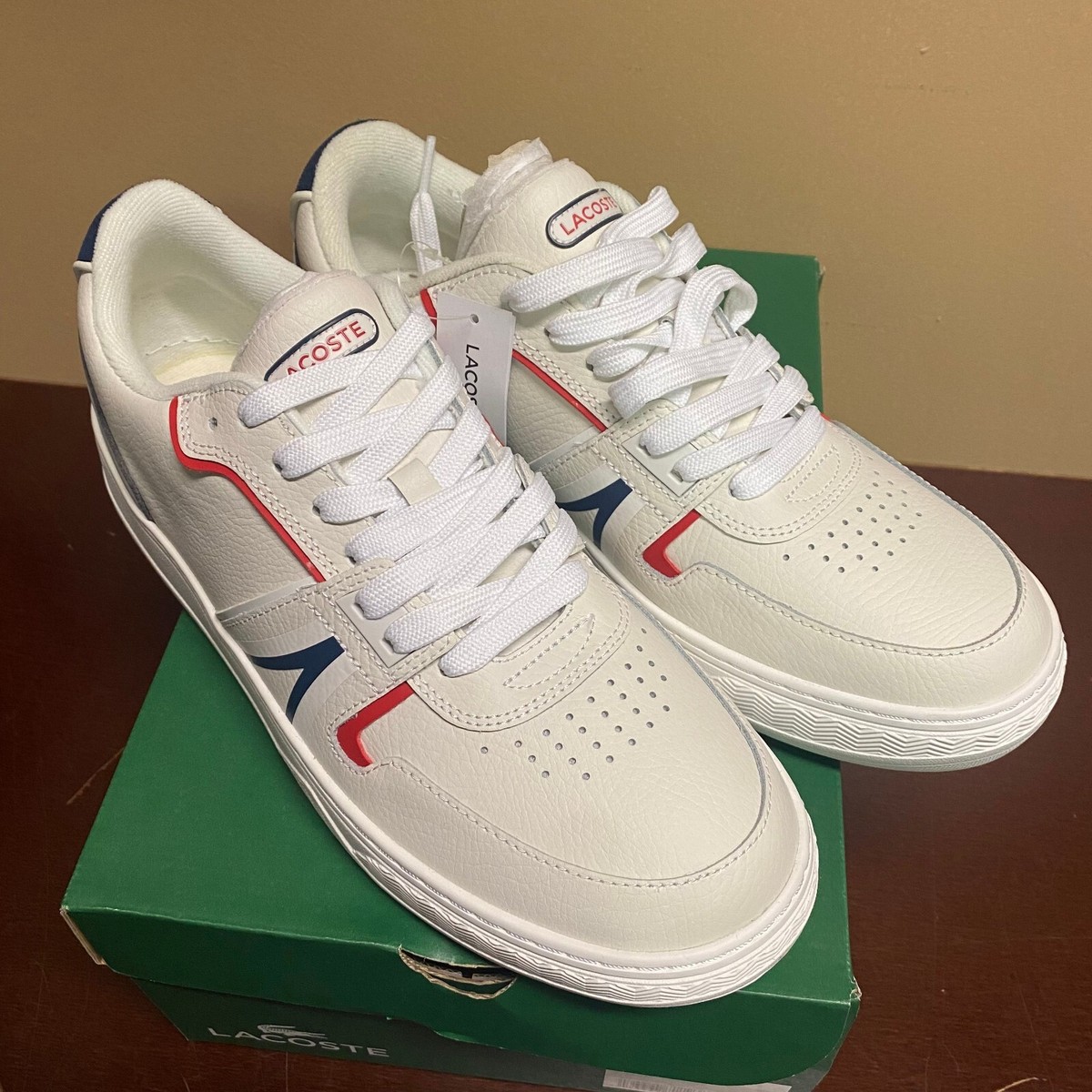 Lacoste Mens White L001 Leather Lace Up Athletic Training Shoes Size US 11