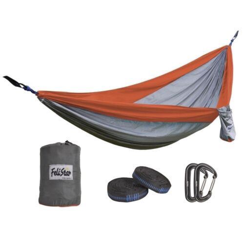 NEW! Double Hammock Portable Parachute Nylon Tree Straps Carabiners Orange Grey