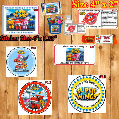 Super Wings Birthday Stickers Round Water Bottle Popcorn 1 Sheet Personalized