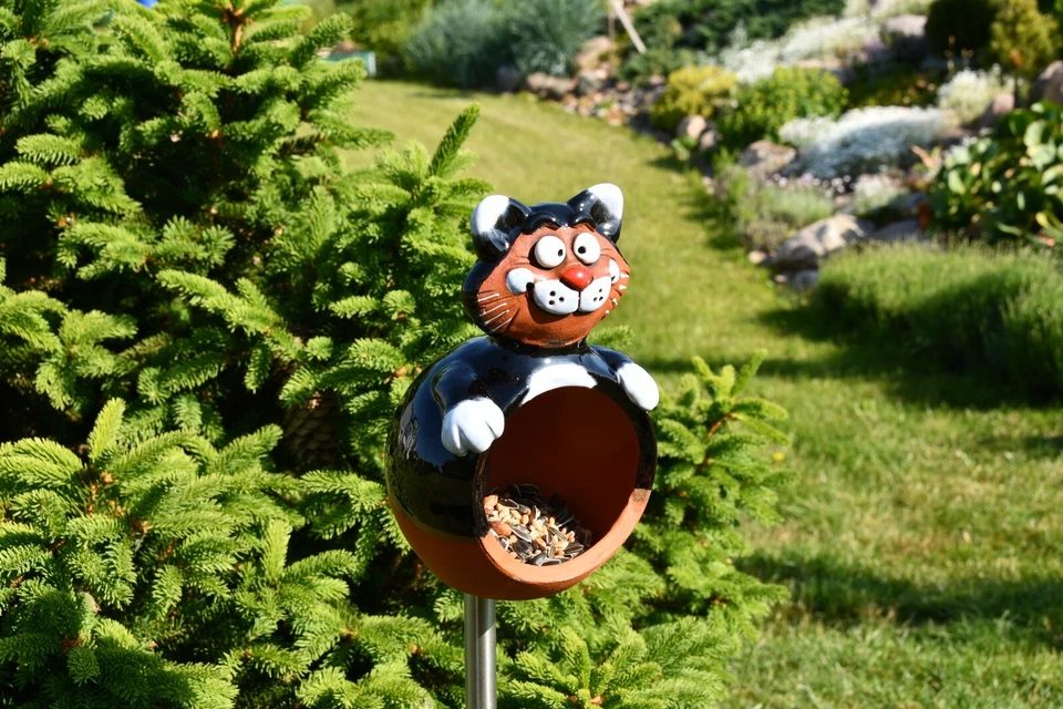 Cerámica Jardín Decoración Alimentador de Pájaros Gato Césped Estaca Exterior Estatua H19cm Midene Foto 2 de 4