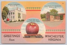 Greetings from Winchester Virginia VA Exaggerated Apple on Train 1949 Postcard