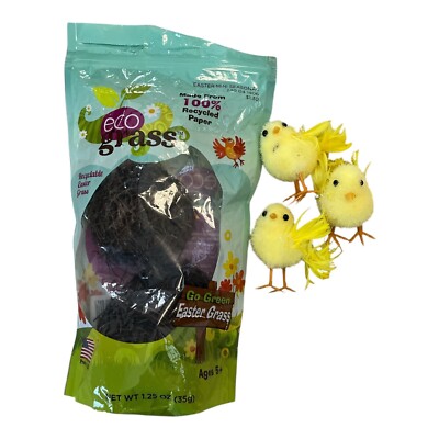 Eco Grass Recycled Easter Basket Filler (Opened, 1.25 oz) + Set of 3 Yellow Feat