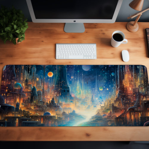 Scrivania Fantasy City - Tappetino per mouse blu futuristico, tappetino estetico Alien City. - Foto 1 di 13