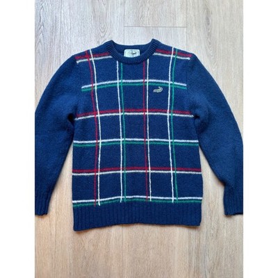 Vintage Crocodile Original Navy Blue 100% Wool Windowpane Plaid Crewneck Sweater