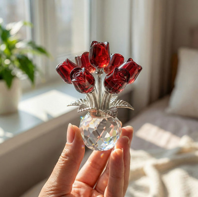 2026 Crystal Colorful Rose Flower Collectible Figurine Glass Flowers With Vase