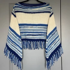 Vintage 1970s Handmade Knit Fringe Poncho Shawl Cape Sweater BOHO Southwestern