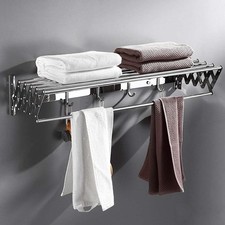 Wall Mounted Clothes Rail Airer with Hooks Stainless Steel Folding Space Saver