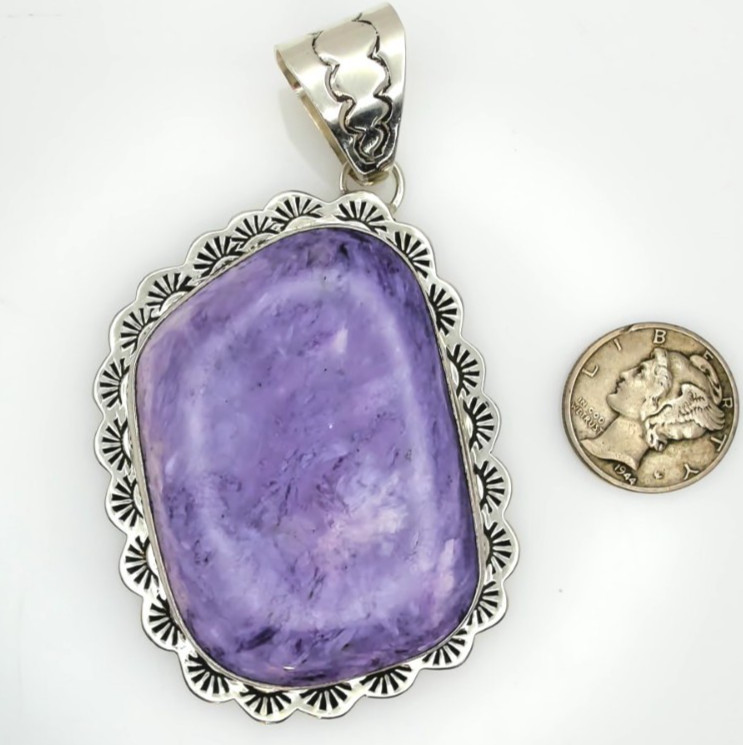 Estate Find Vintage Sterling Silver 925 LT Natural Charoite Stone Pendant
