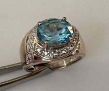 Premium Designer Signed Sparkling Blue Gem CZ Accent Sterling Silver Size 7 Ring