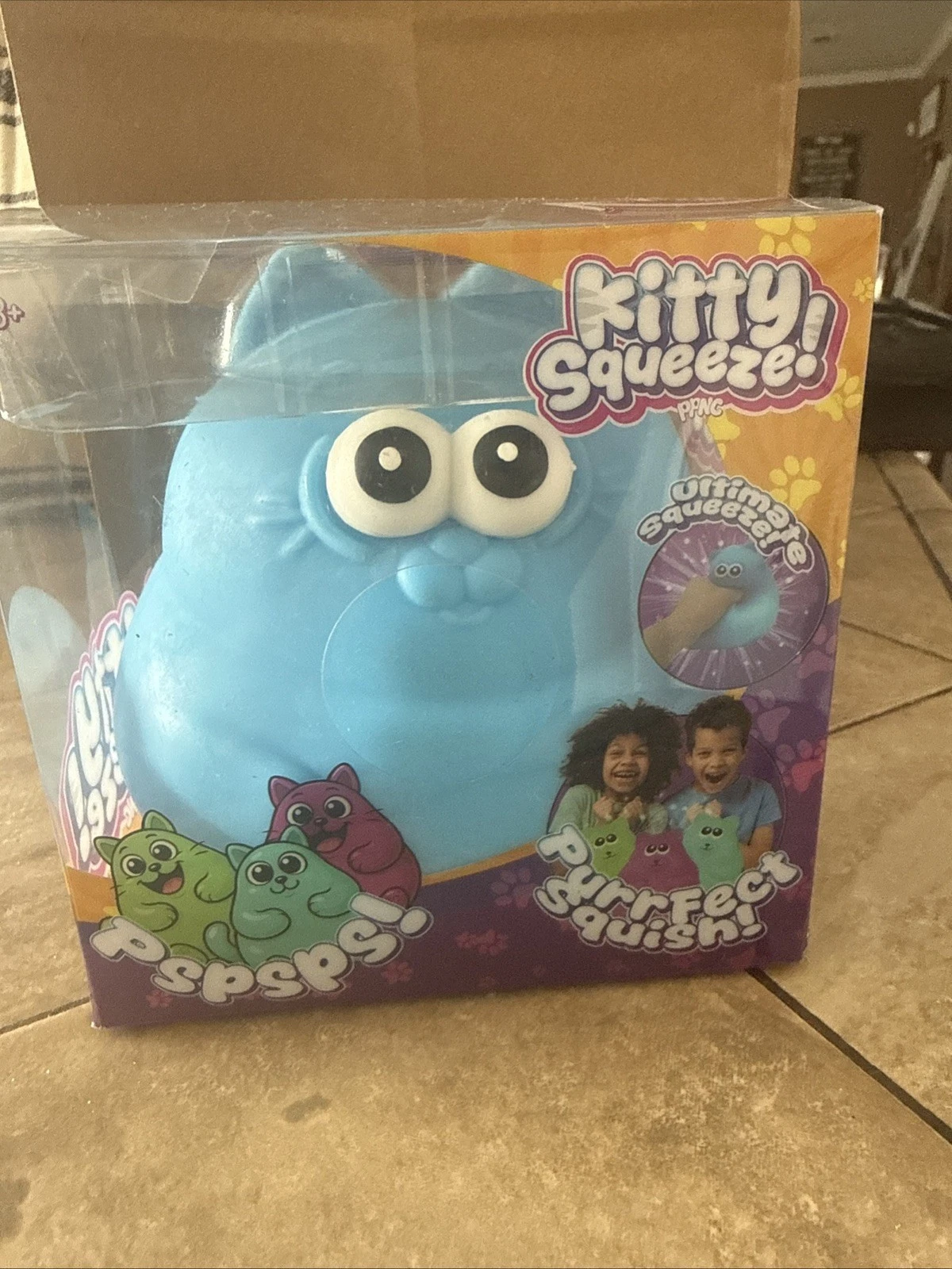 Viral Easy Squeezy Chunky Kitty Tubs Squeeze Squishy Toy Blue Tic Tok Cat
