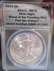 2013 S Silver Eagle San Francisco ANACS MS70 First Day Issue #1866 of 5842