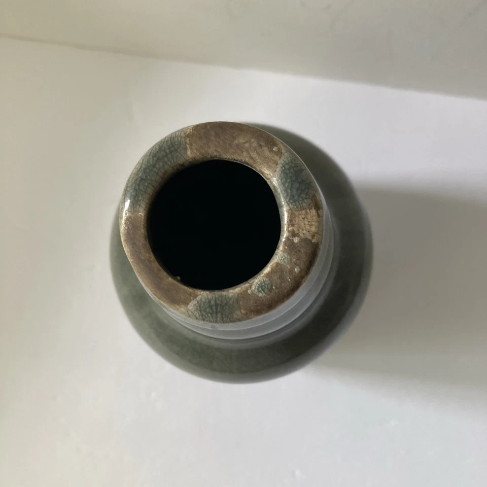 Керамическая состаренная зеленая/серая круглая бутылочная ваза 10 дюймов домашний декор - Изображение 3 из 4