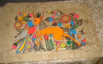 Vintage Mexican Folk Art Hand Painted Vibrant Amate Bark Painting 9X13
