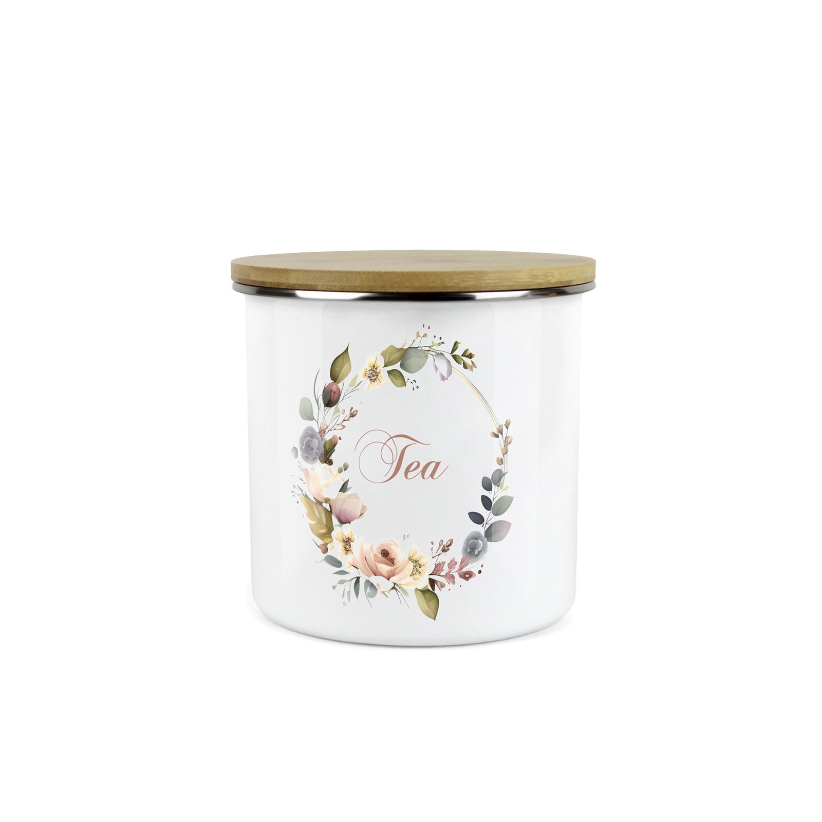 Floral Wreath Tea Canister - Flower Enamel Kitchen Storage Jar Gift