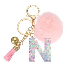 Alphabet Initial Letter Keychain Letter-N Cute Heart Resin Keyrings Pink