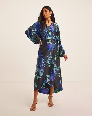 Joanna Hope schwarz blau Blumen Satin Full Wrap Hi Low Midaxi Maxikleid 20 Neu mit Etikett