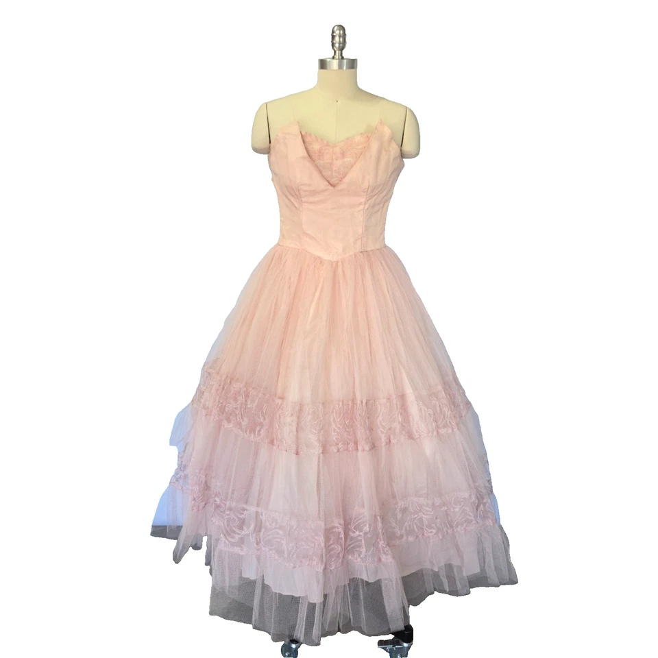 Vintage 50s Cupcake Strapless Dress Size XS S Pink Tulle Fit & Flare Prom Formal - Image 2 of 4