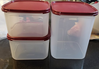 NEW Tupperware Modular Mates set CLEAR/DARK RED SQUARE CONTANERS 6 PIECES