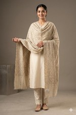 Sanskriti Vintage Cream Pure Wool Shawl Hand Embroidered Suzani Stole Scarf Wrap