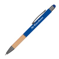 Touchpen Kugelschreiber Mit Griffzone Aus Bambus Mit Namensgravur - Blau