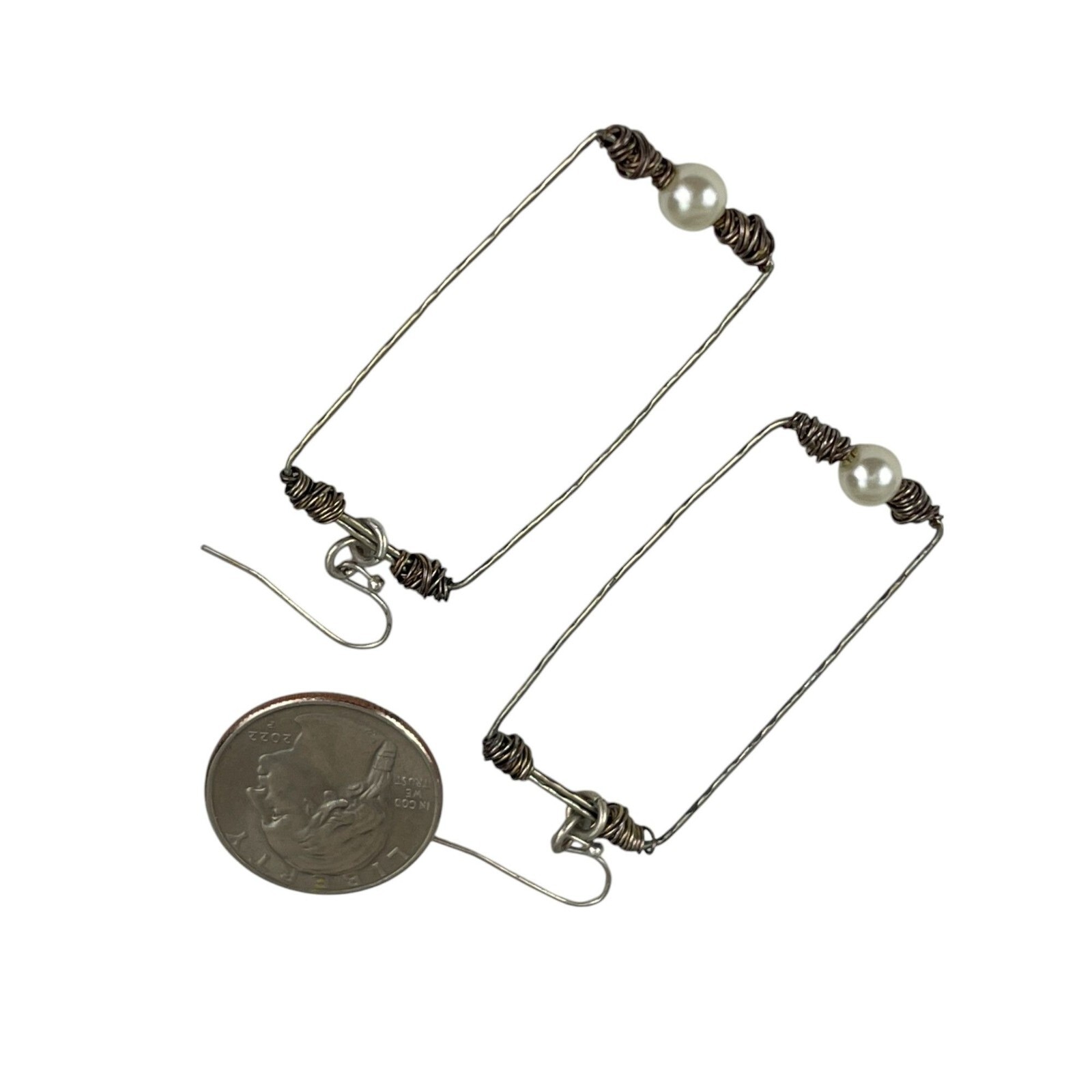 Handcrafted Wire & Pearl Rectangular Dangle Earri… - image 7