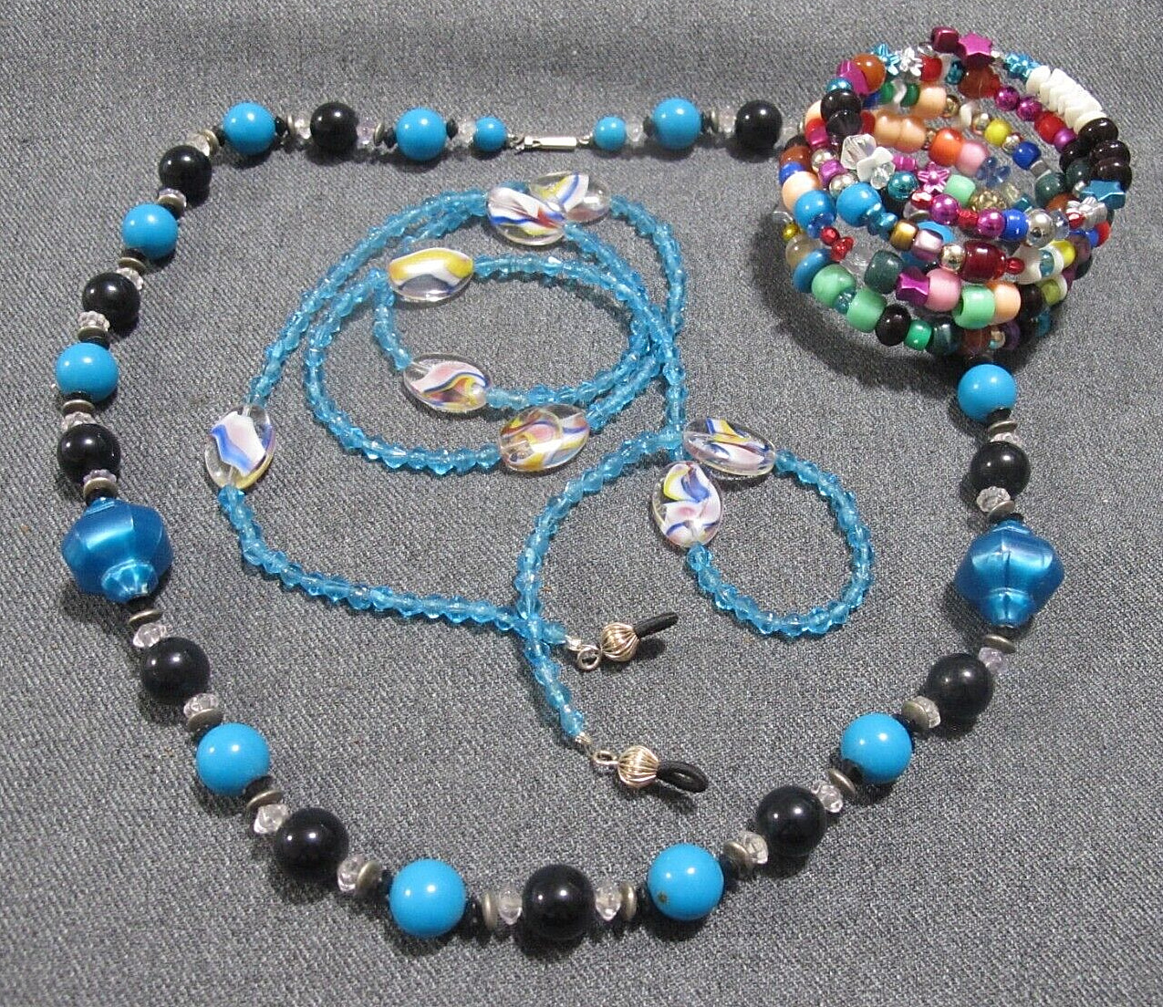Vintage plastic beaded necklace & wrap bracelet + glass eyeglasses strap lot
