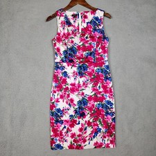 Talbots Dress Womens 4 White Pink Sheath V-Neck Sleeveless Prairie Garden Formal