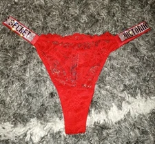 VS shine rhinestone logo strap lace thong panty new size xs red