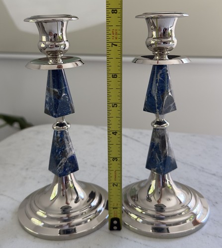 A Pair of Rare Vintage Chromed Metal and Lapis Lazuli Blue Stone Candle Holders - Picture 8 of 14