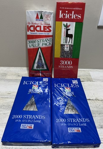Vintage Lot (4) Icicles Christmas Tinsel 10,000 Strands 18" Long Sealed Boxes