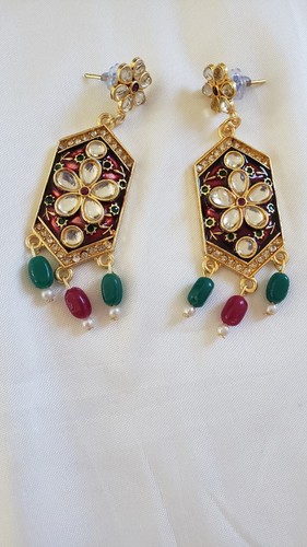 Kundan CZ Gold Plated Pearl Meenakari Bridal Rani Haar Long Necklace Earring Set - Picture 12 of 13