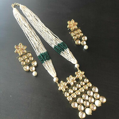 Green Kundan Pearl Long Necklace/Emerald Green Jadau Kundan