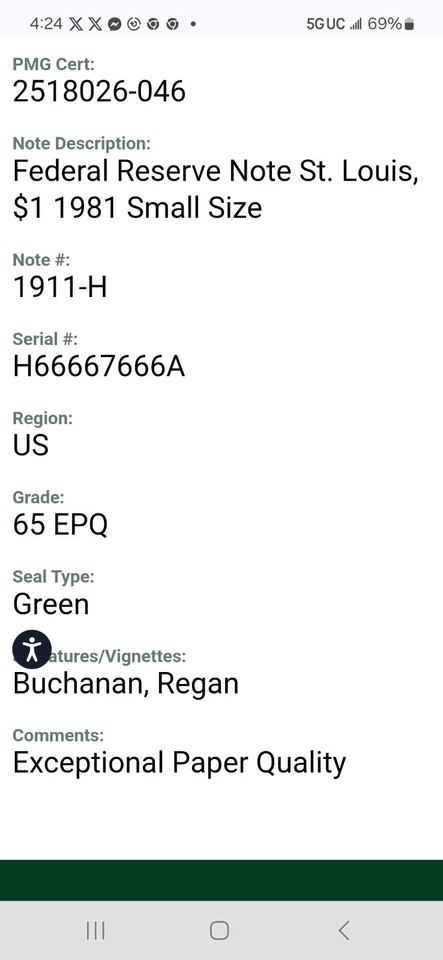 Binary Seven Of A Kind Fancy Serial Numbers 6s 7s $1 Note PMG 65 Near Solid Unc - Image 4 of 4