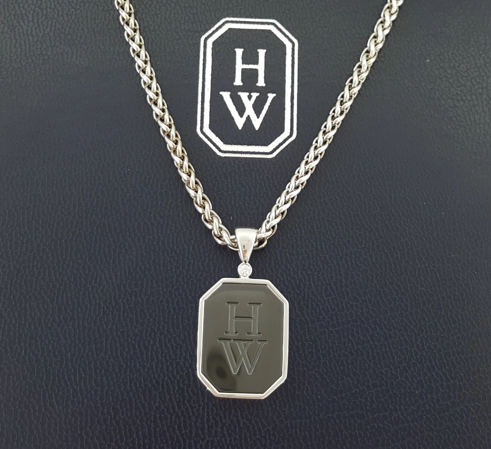 Harry Winston Zalium HW Logo Diamond 18k W G Pendant Necklace 30” 48 Grams