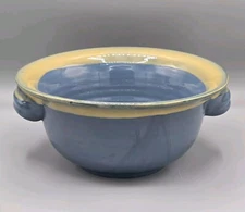 Vrg Handmade Pottery Bowl Blue Yellow Glaze Handles Tumbleweed Pottery USA