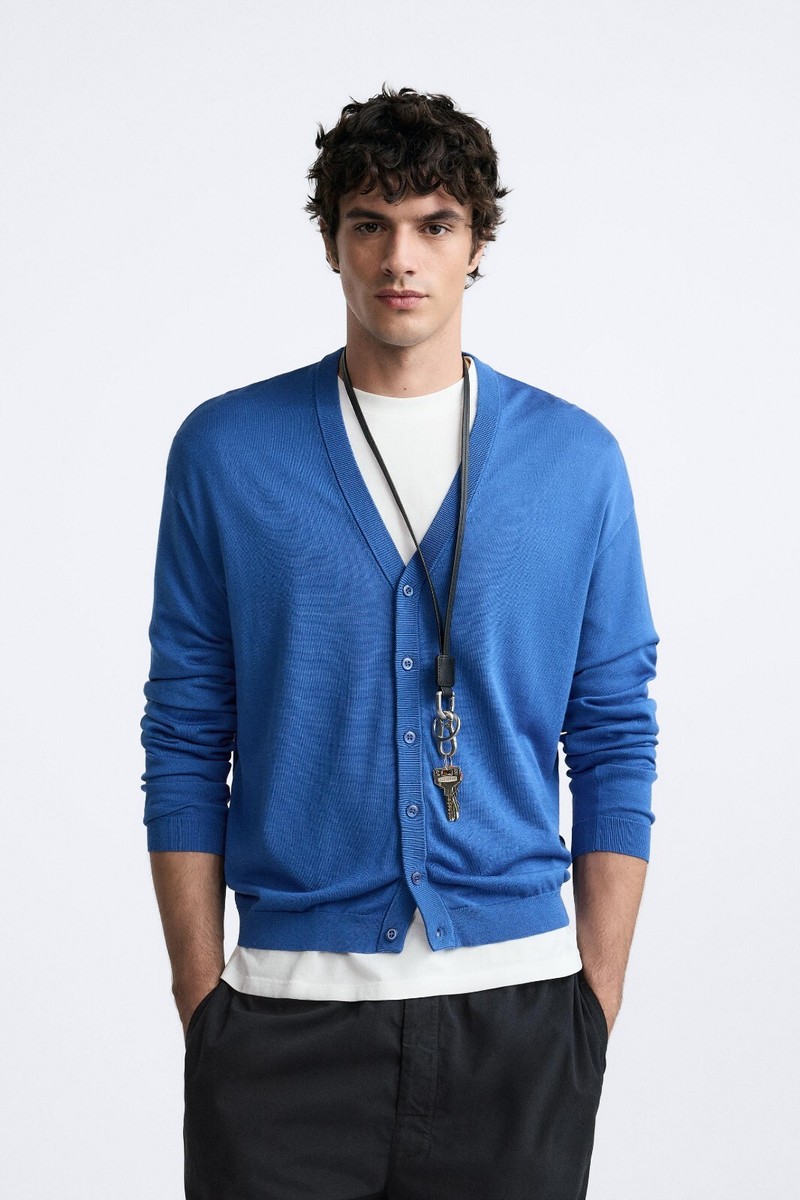 New Zara Origins Silk Cotton Cardigan 5755/312 M Blue sweater