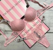 Victoria's Secret Shine Strap Bombshell +2 cups Lace Push Up Bra Thong Set Pink