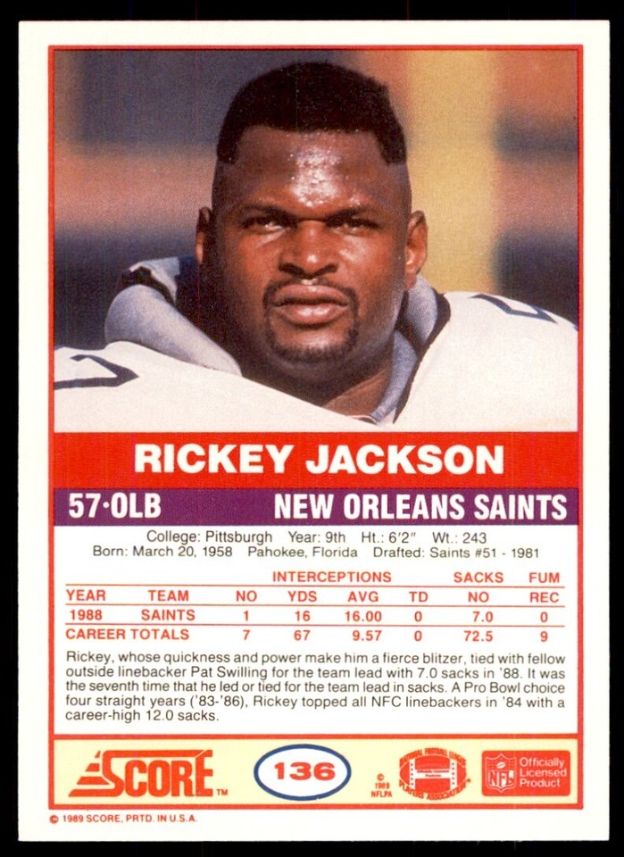 1989 SCORE. RICKEY JACKSON . NEW ORLEANS SAINTS #136 | eBay